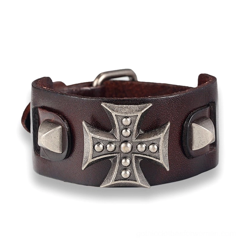 Dark coffee brown leather gothic cross bracelet with vintage texture, cone studs and metal cross decoration