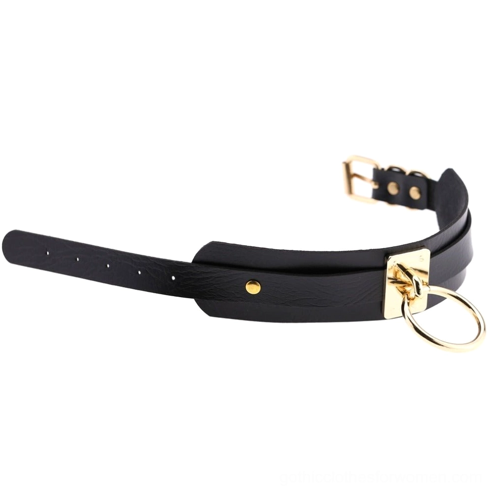 Coffee brown PU leather bondage choker with gold tone metal ring, warm earth goth choker