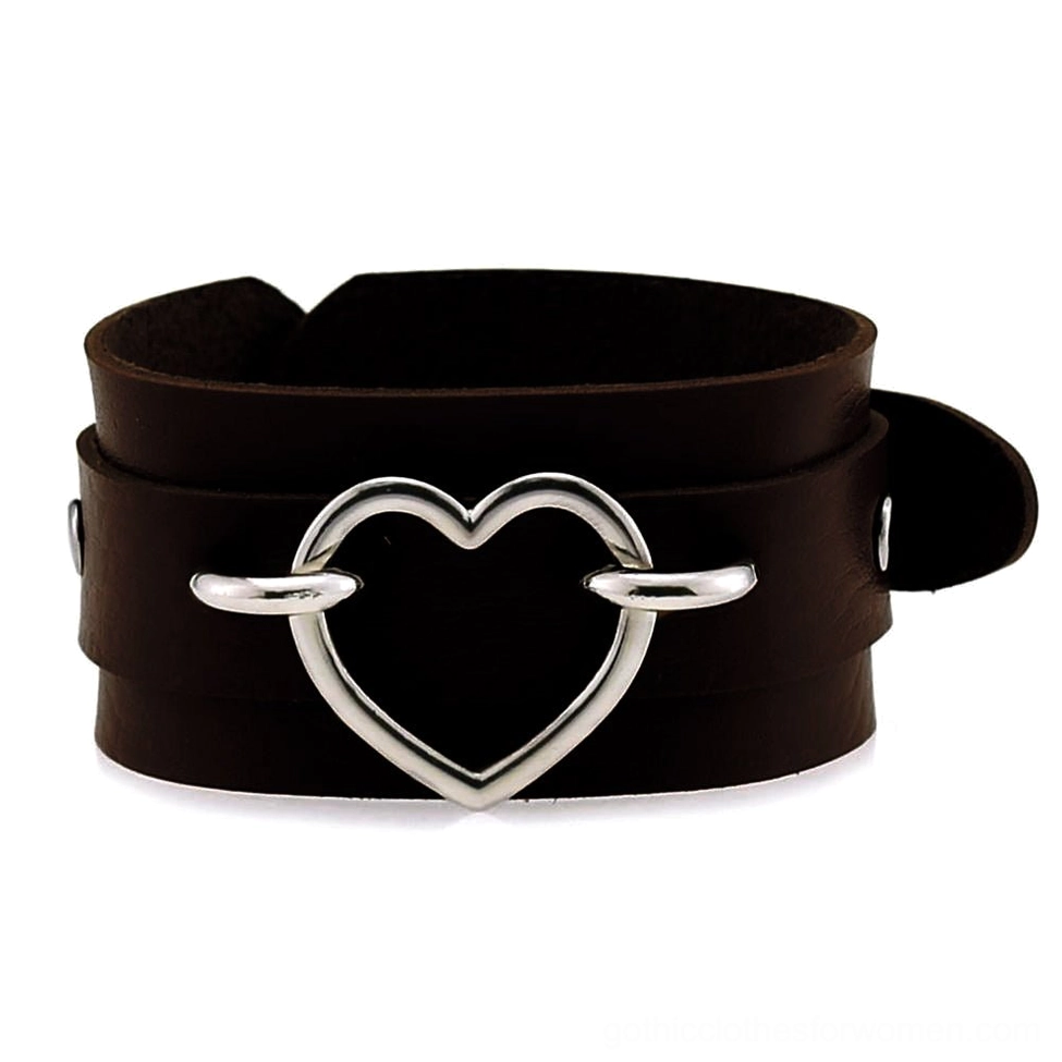Coffee brown leather heart cuff bracelet with silver heart accent, steampunk gothic fusion style