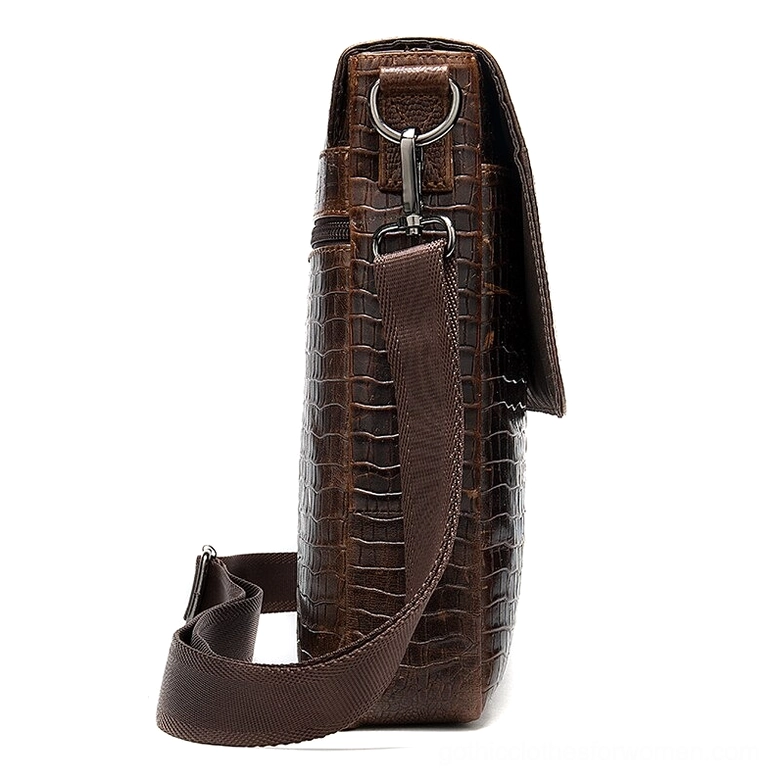 Coffee brown leather messenger bag side profile showing flap closure design and structured silhouette of gothic vintage style