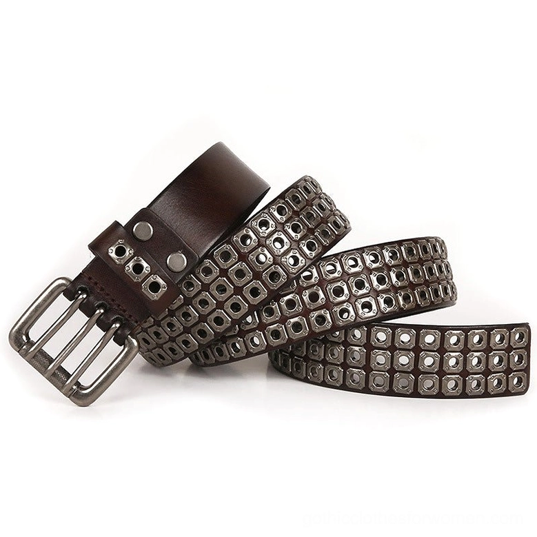 Coffee brown studded leather gothic belt with single-prong silver buckle, showing square grommet design on white background