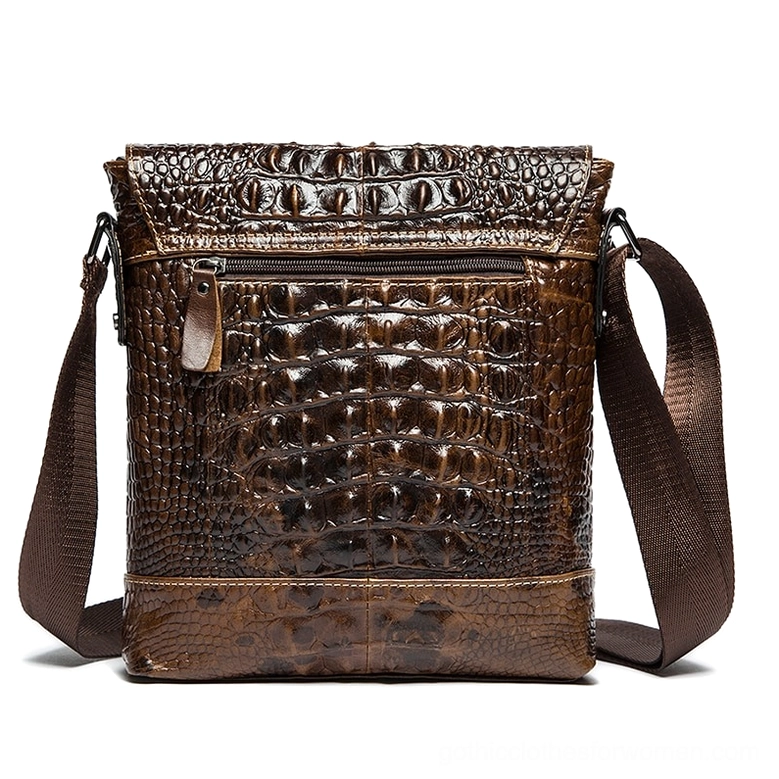 Brown gothic leather crossbody bag rear view showing back exterior zipper pocket detail