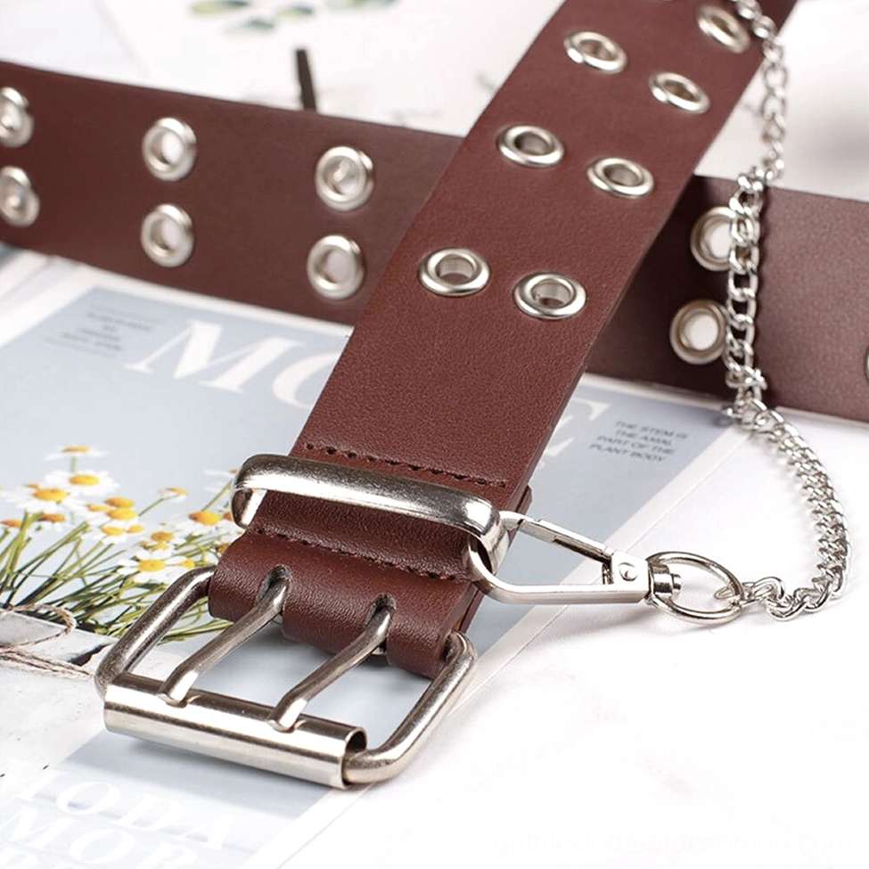 Gothic chain belt close-up showing coffee brown leather, silver buckle and decorative chain accent