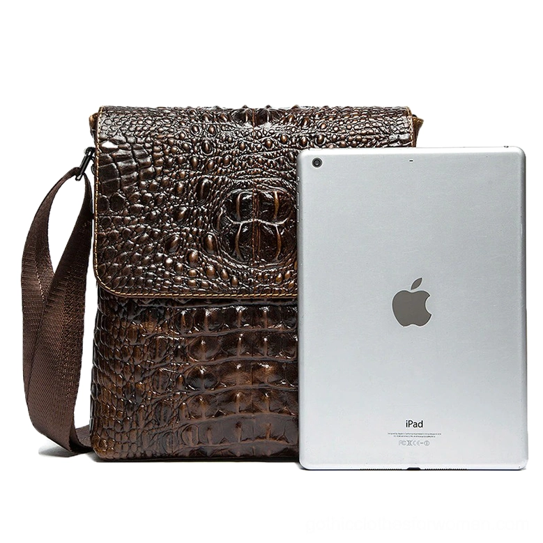 Brown crocodile pattern leather crossbody bag front view with tablet size comparison