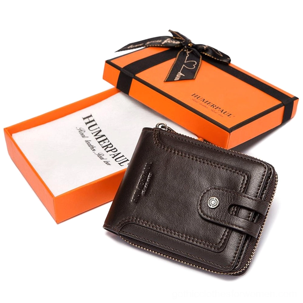 Coffee leather gothic wallet with branded presentation box and metal snap fastener strap