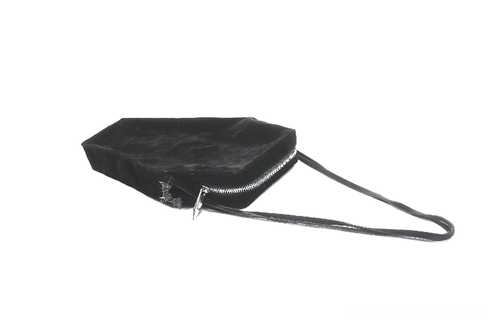 Coffin shoulder bag front display showing complete embroidered sword filigree heart design and strap