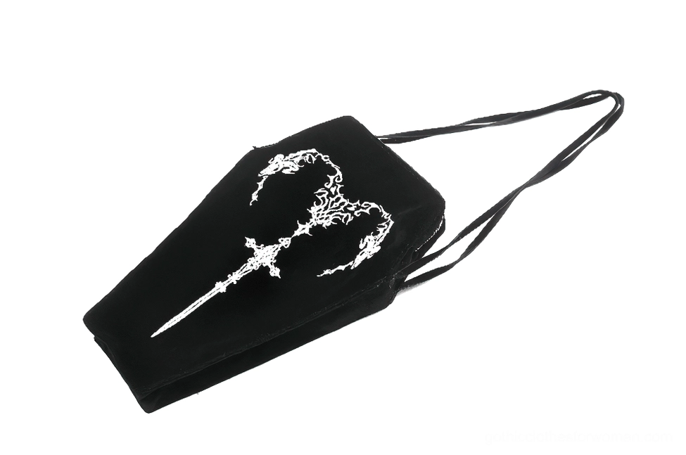 Coffin shoulder bag oblique side lay flat view showcasing black fabric and embroidered sword design