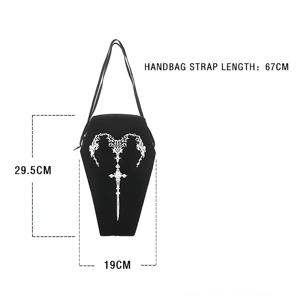 Coffin shoulder bag size specifications showing dimensions and adjustable strap length measurement