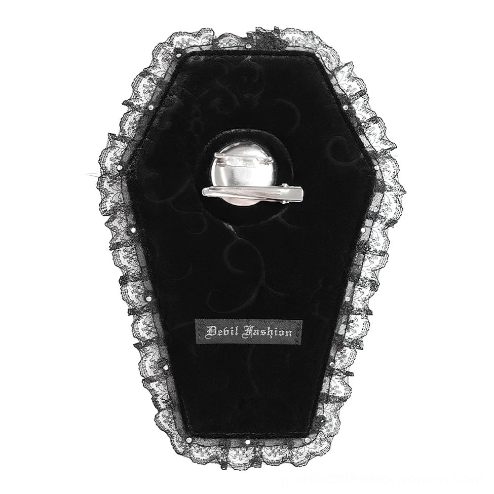 Reverse back view of gothic coffin brooch showing belt clip fastener mechanism and lace trim detailing for badge holder functionality