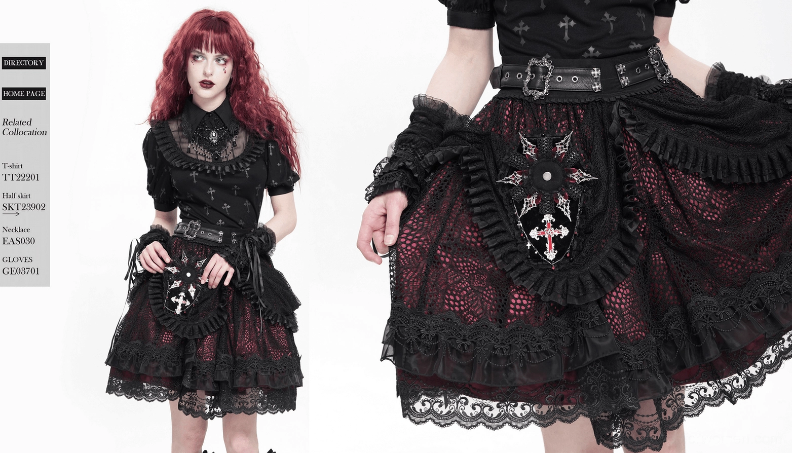Dual view comparison of gothic coffin brooch styling on alternative fashion models, showing versatile costume accessory applications for women