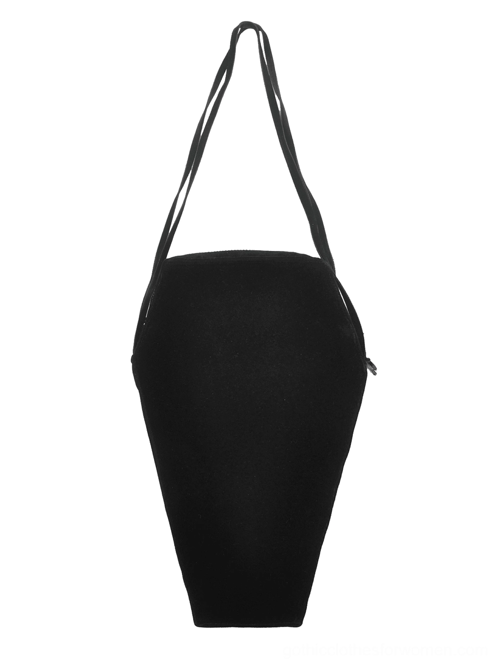 Black coffin bag rear back view showing solid fabric zipper closure and shoulder strap