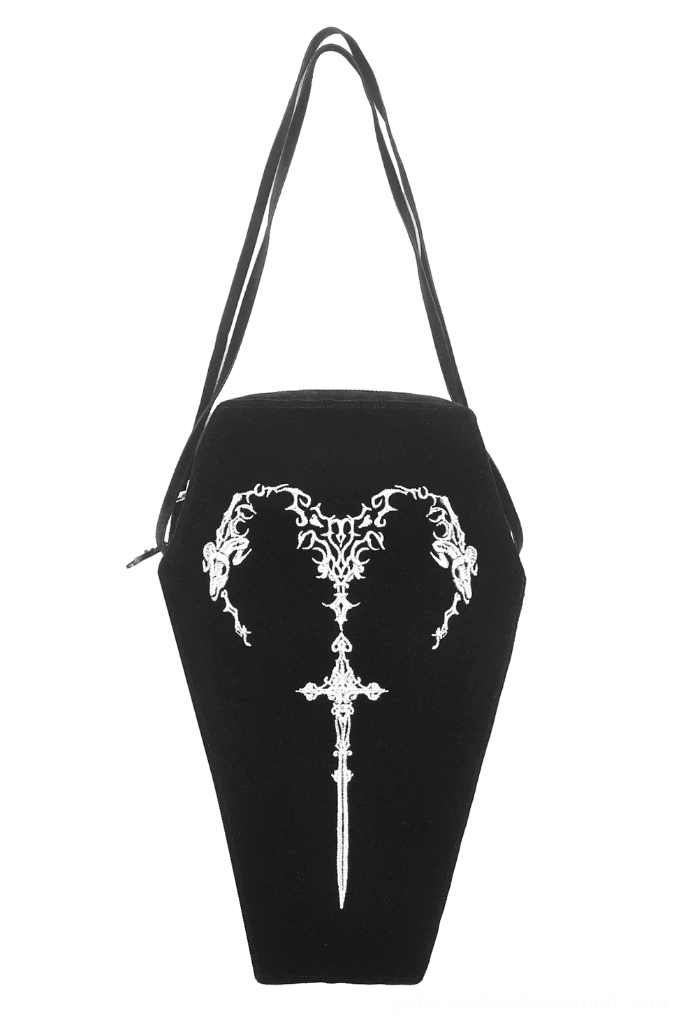 Black coffin shoulder bag with white embroidered sword and filigree heart design front flat lay view