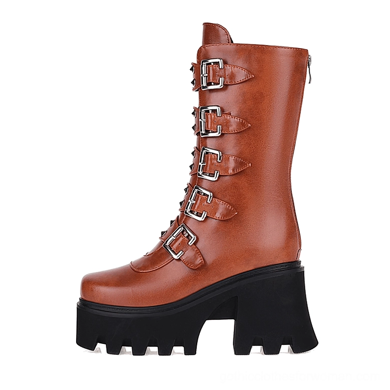 Cognac brown platform combat boots side view showing side zipper and silver buckle straps