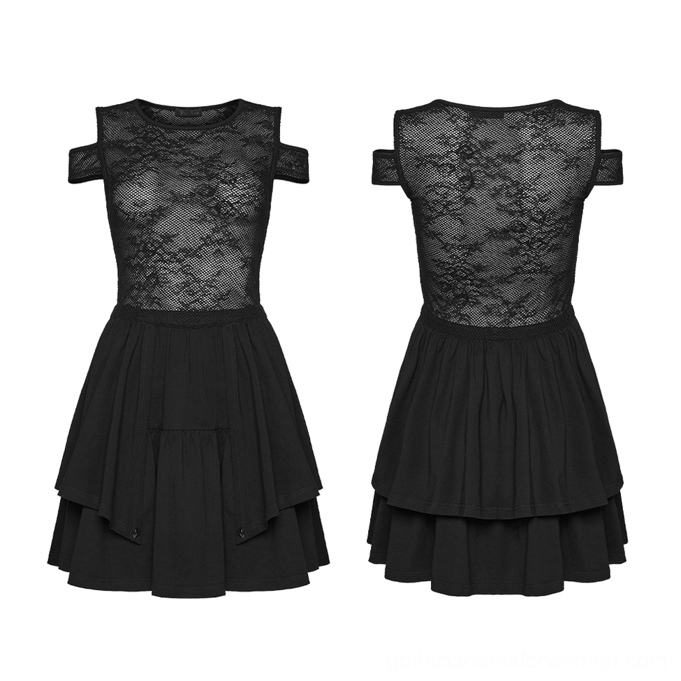 Flat lay display of cold shoulder lace mini dress showing front and back details with floral lace pattern