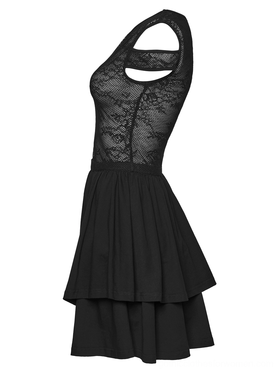 Side back view of cold shoulder lace mini dress showing single shoulder cutout and tiered skirt