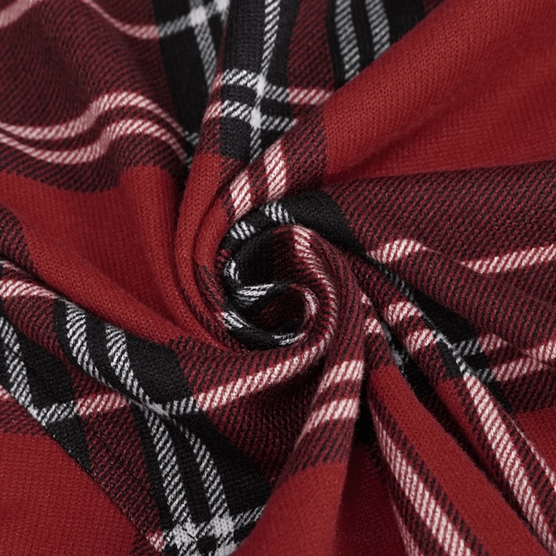Black and red pentagram gothic plaid dress color and pattern detail - vibrant tartan weave close-up