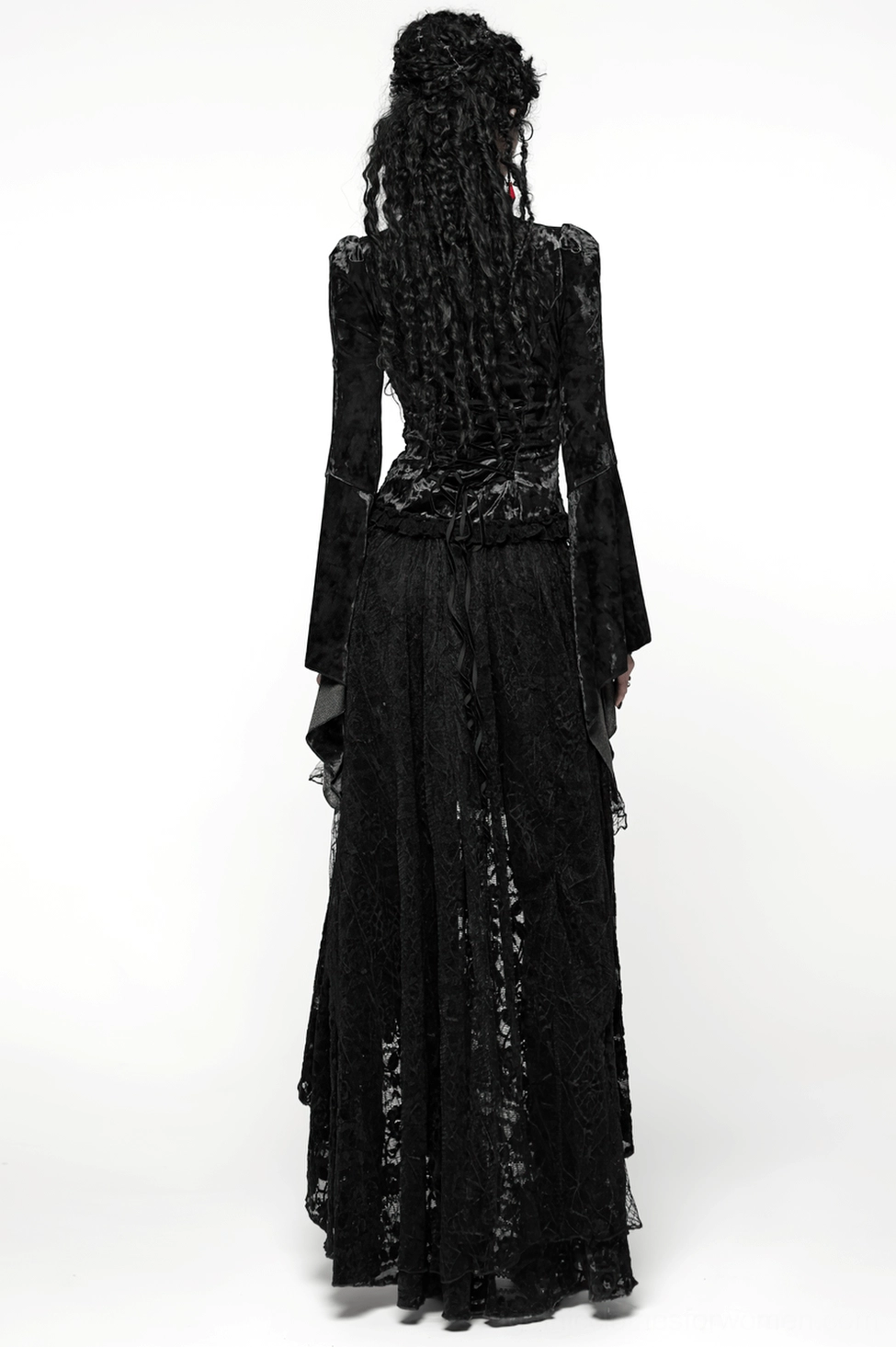Full garment display of black gothic velvet lace top showing complete design with flared sleeves, mock neck, and fitted silhouette