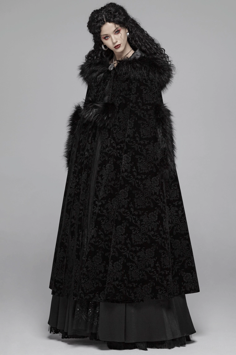 Complete black velvet Gothic cloak ensemble view showing pom-pom closures and full theatrical presence