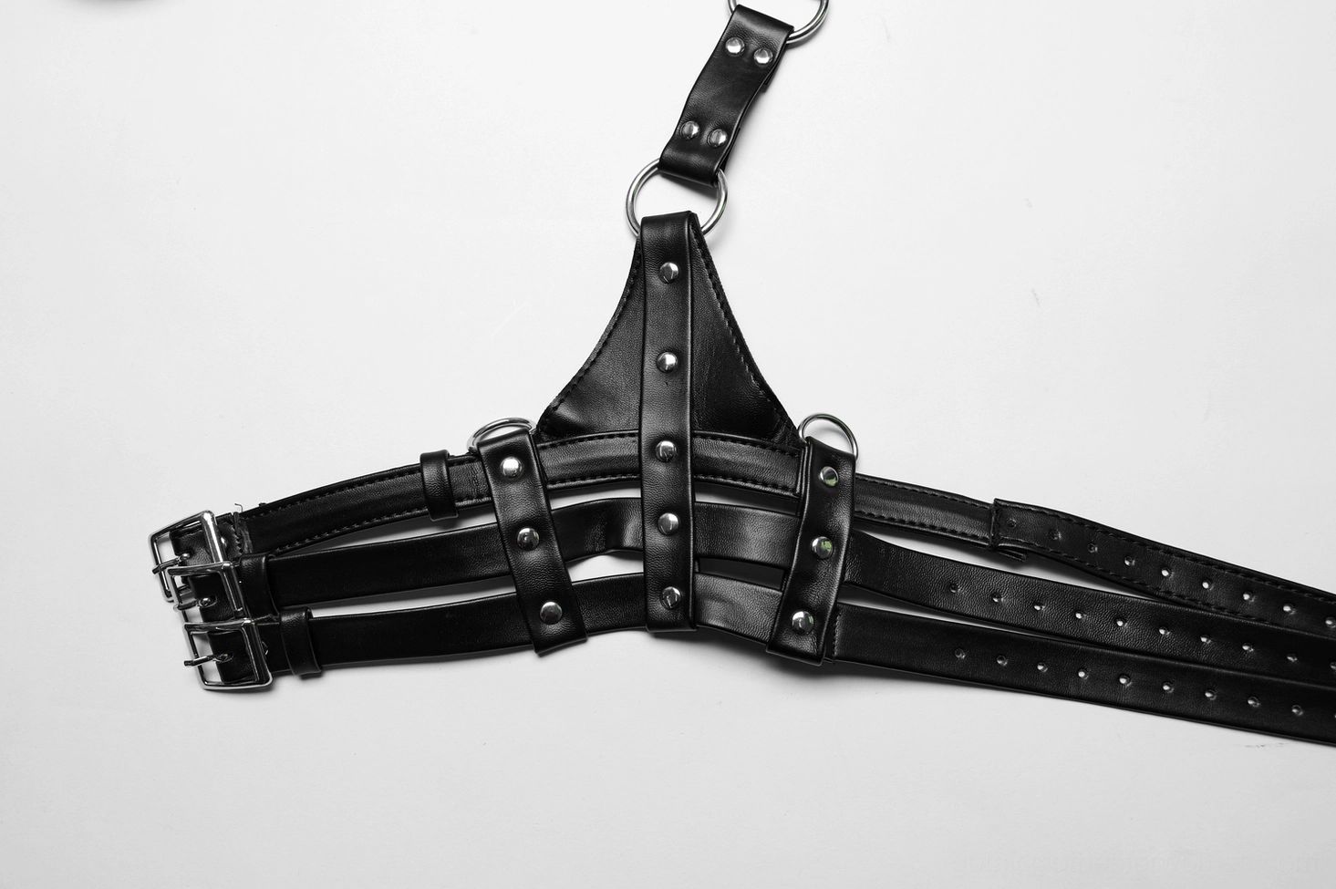 Complete black leather body harness with choker collar showing front vertical loop and architectural hollow construction