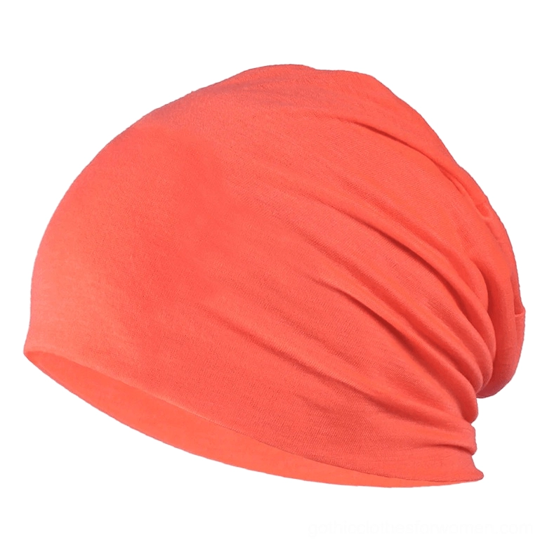 Coral orange gothic slouch beanie with textured ruching, vibrant alternative fashion accessory