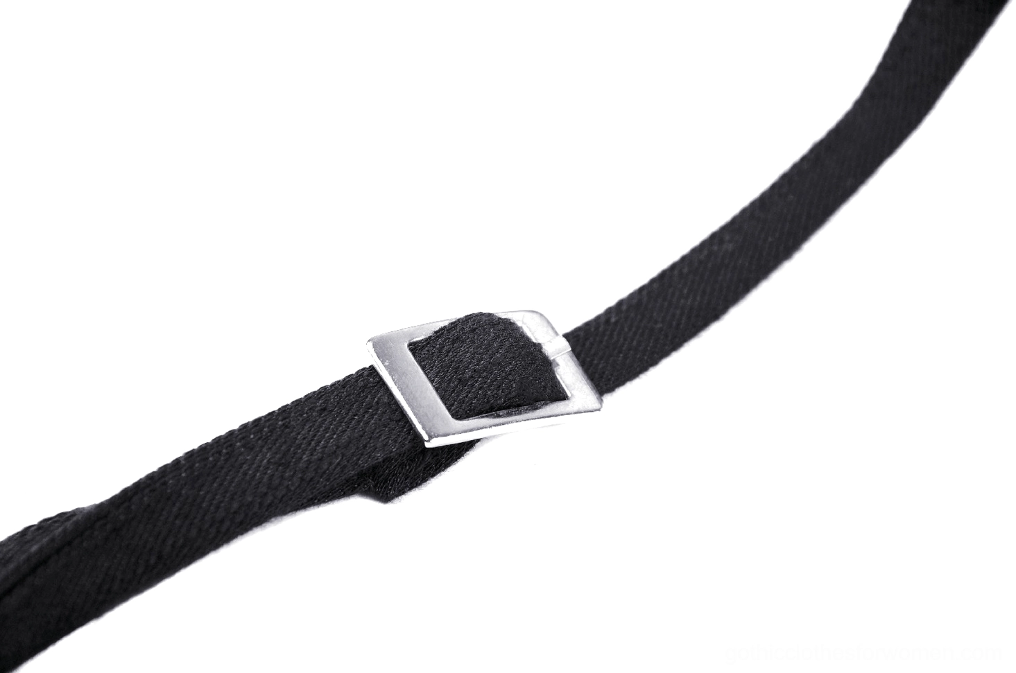 Close-up of adjustable shoulder strap with silver-toned metal buckle on gothic corset