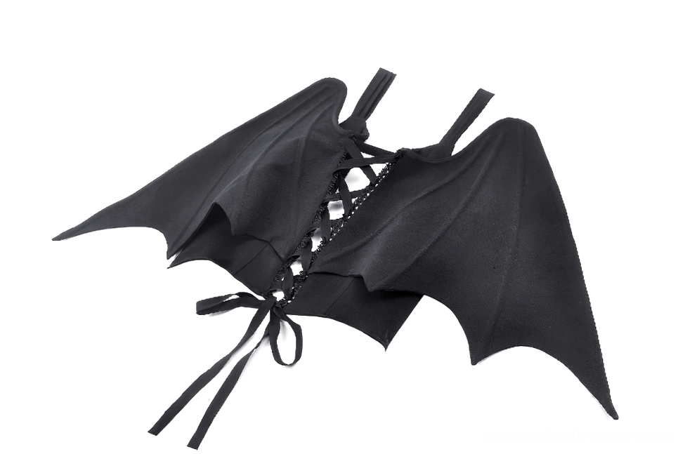Close-up top-down back view of corset top highlighting crisscross lace tie closure and bat wing shaped hem