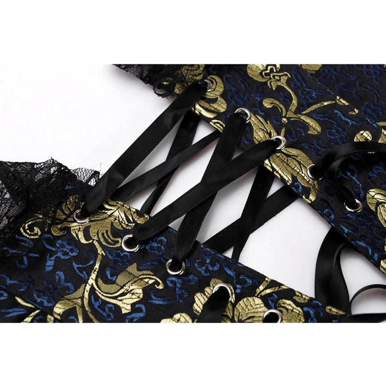 Black ribbon lace-up back closure with metal eyelet fittings, gothic corset detail