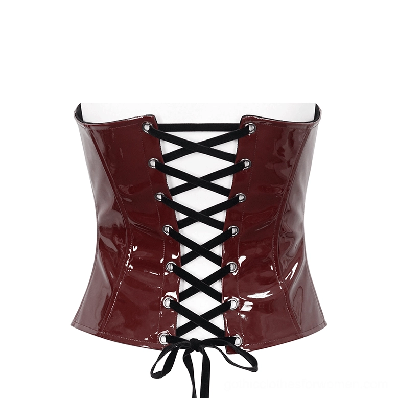 Wine red gothic corset back panel flat lay with black lace-up ribbon and metal eyelets