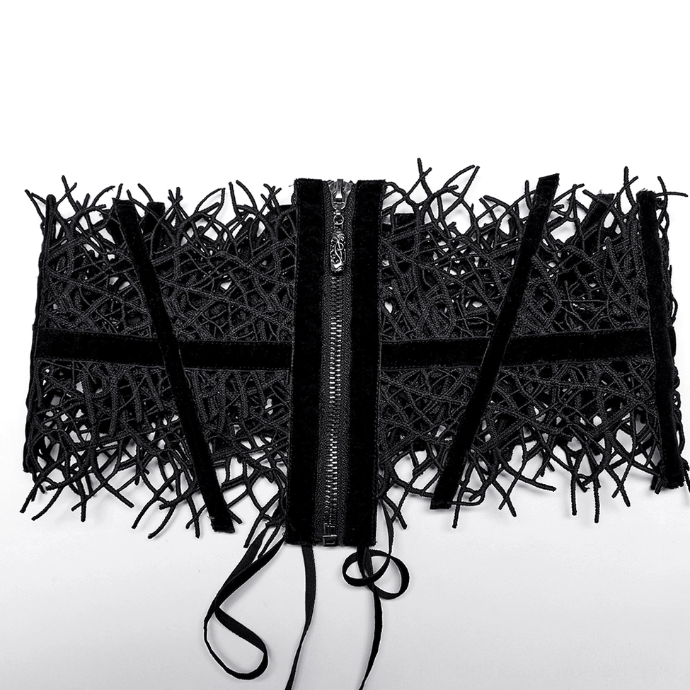 Back flat lay of corset belt displaying full lace-up tie system, branch lace design, and structural details