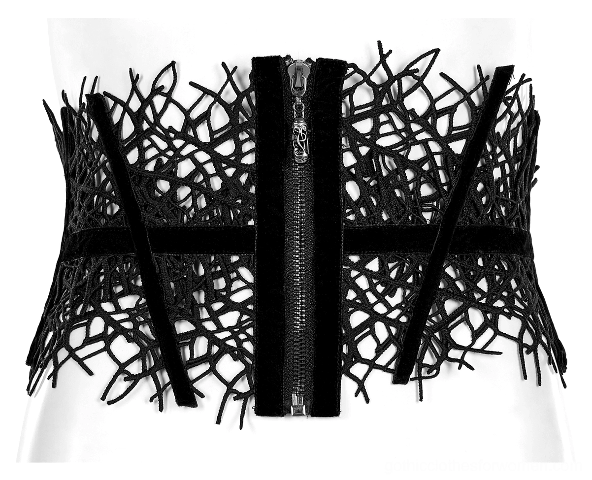 Corset belt back flat lay displaying lace-up ribbon tie closure system and intricate branch lace fabric structure