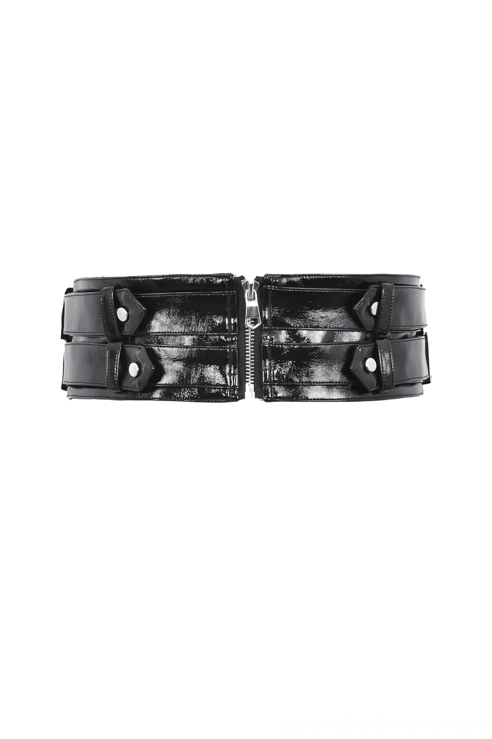 Black patent leather corset waist belt flat lay showing dual buckle straps and zipper fastener mechanism