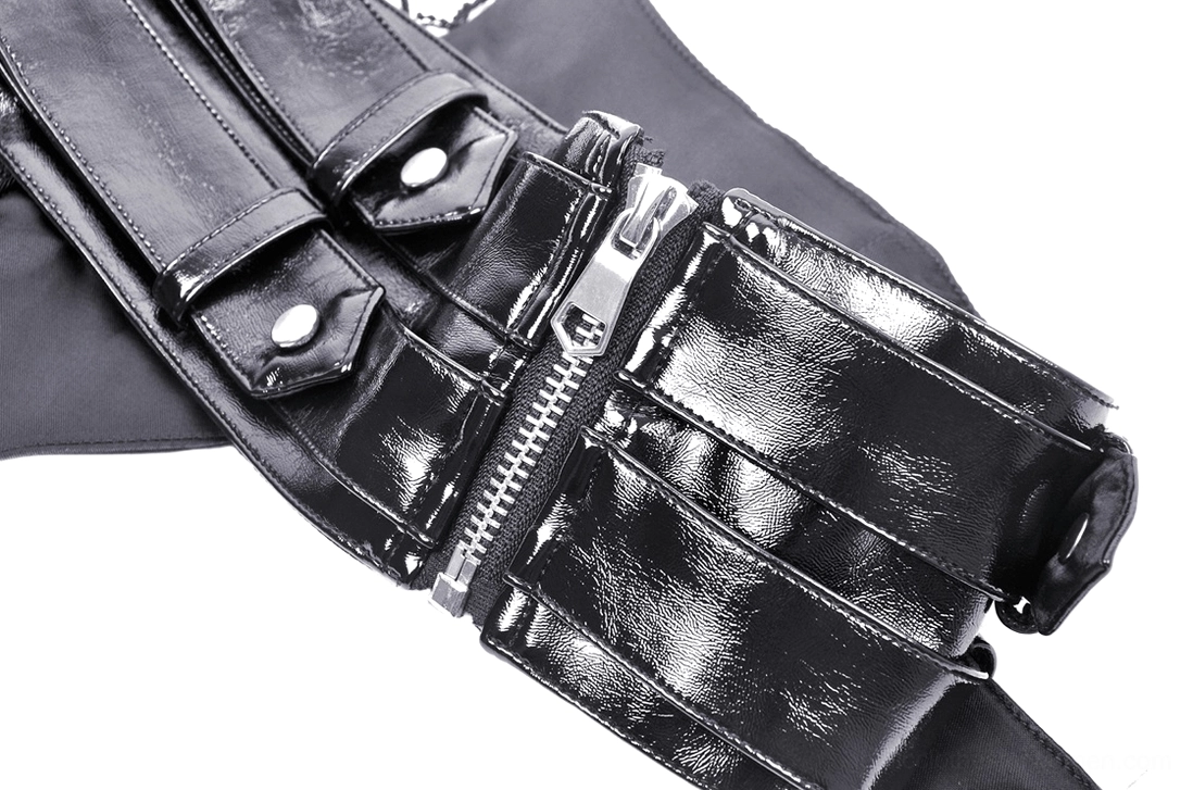 Side close-up detail of black patent leather corset belt buckle strap and metal zipper fastening mechanism