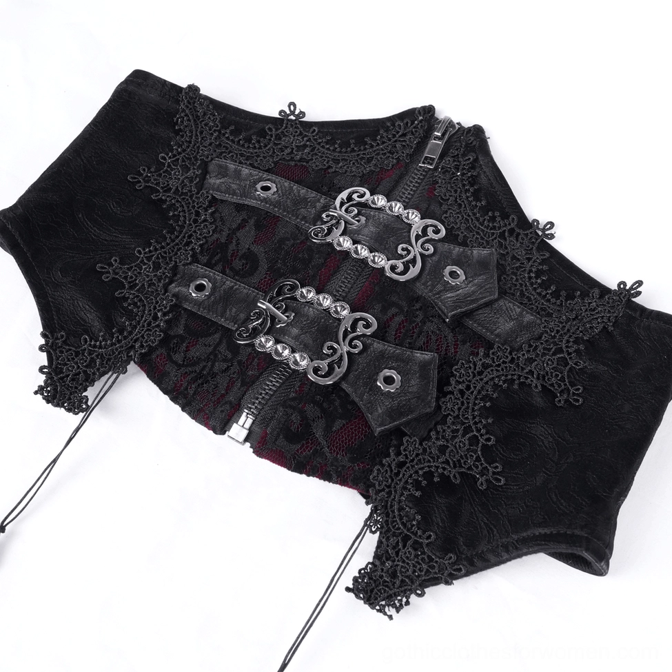 Close-up detail of gothic corset belt velvet lace trim ornate metal buckles and zipper