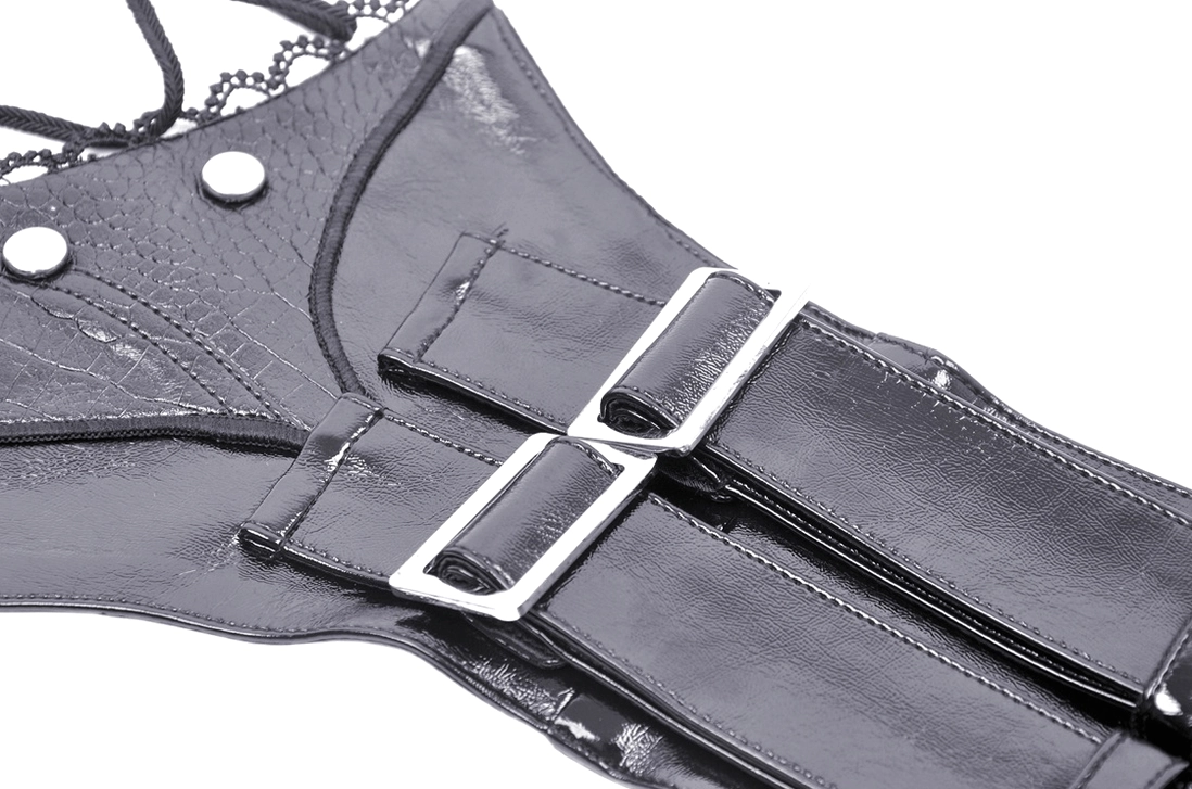 Front close-up product shot of black corset belt lace panel with square buckles and metal button details