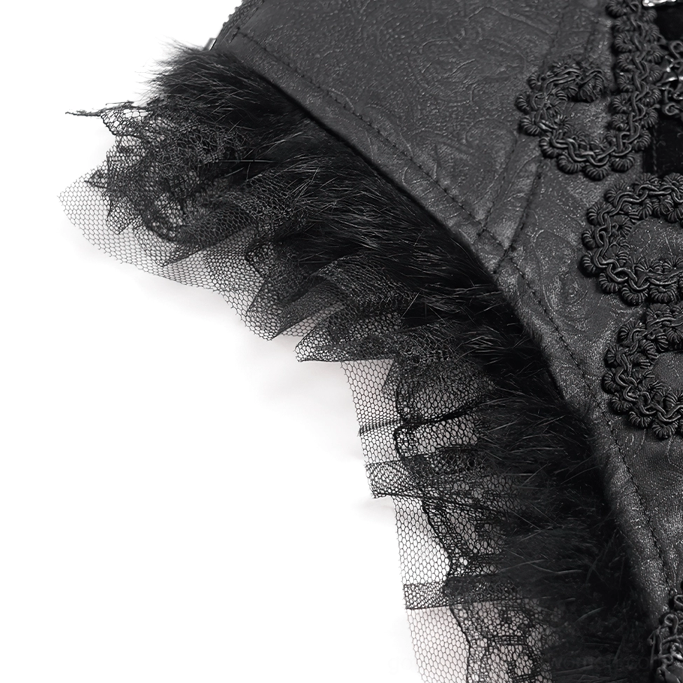 Corset belt tulle and lace trim detail close-up side view showing soft fur edge, embroidered lace pattern, and matte black fabric texture