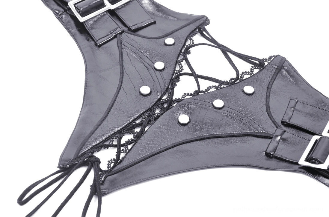 Close-up detail of black PU leather corset belt showing lace trim ties and metal rivets craftsmanship