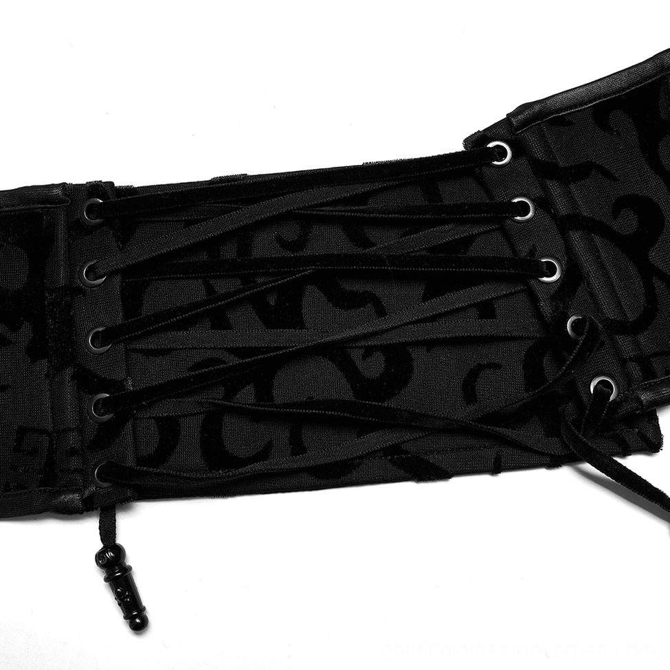 Close-up back view of dragon corset belt lace-up closure featuring decorative black drawstring and eyelet stitching