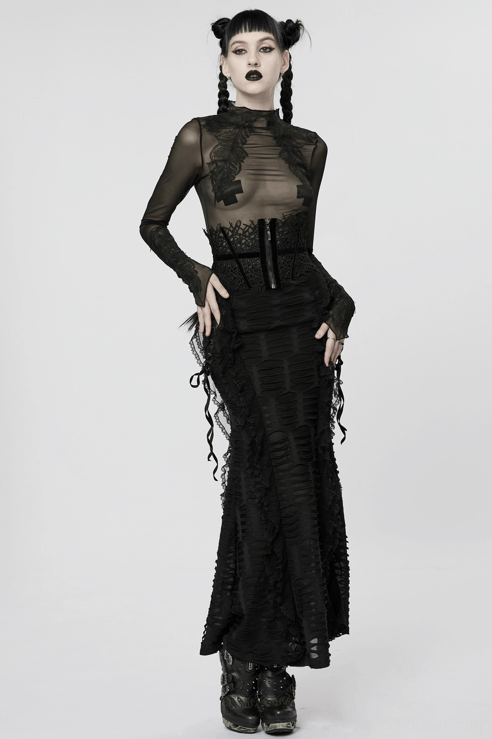 Corset belt worn layered over dress showing how branch lace creates ethereal shadow effect on body