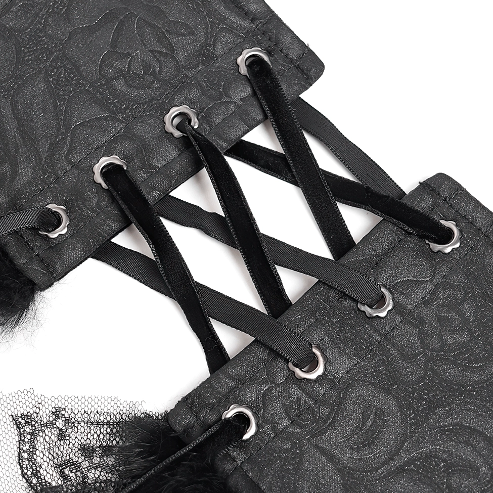 Gothic corset belt metal eyelet and fastener detail close-up showing velvet lace straps, embossed floral texture, and structural construction