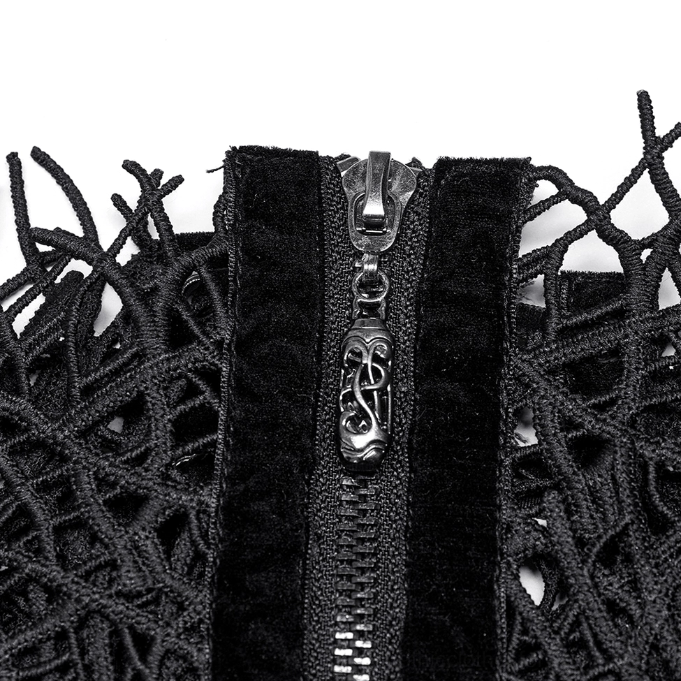 Close-up detail of ornate metal bullet zipper with engraved decoration and velvet fabric border on corset belt