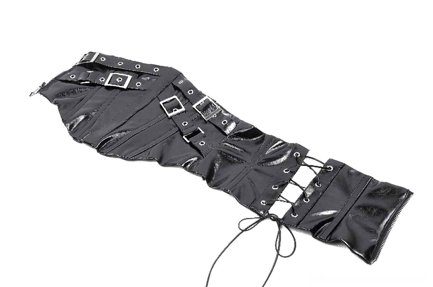 Side flat lay of corset belt showing side lace-up, silver buckle straps, and integrated zipper hardware detail