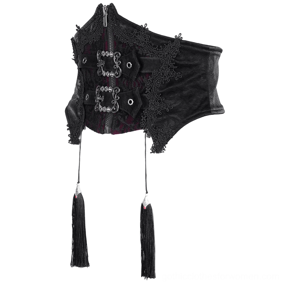 Side view of black victorian corset belt with double buckles tassel pendants and zipper closure