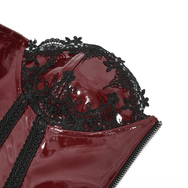 Gothic corset cup detail showing black floral lace and wine red patent leather