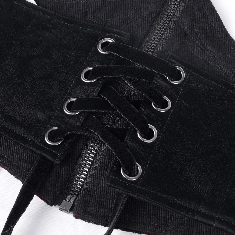 Macro close-up of corset belt fastening showing metal eyelets lace-up ribbon and embossed texture