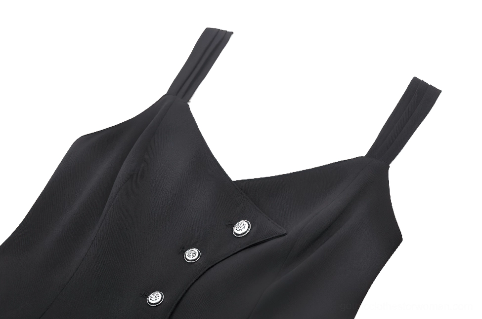 Front close-up detail of gothic corset top featuring silver round button hardware and smooth black fabric texture