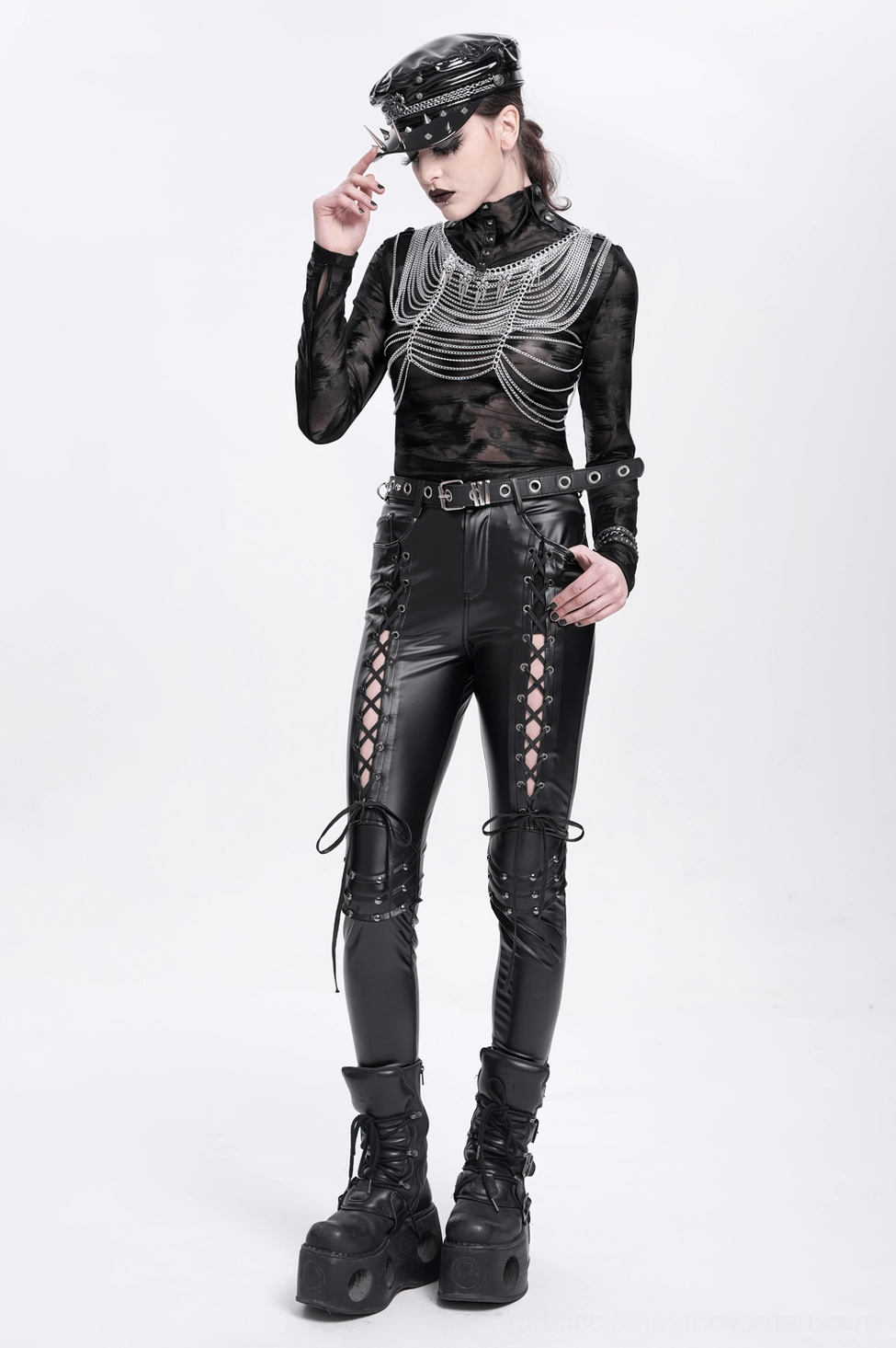 Black corset gothic pants side angle view showing synthetic leather sheen and side grommet lacing