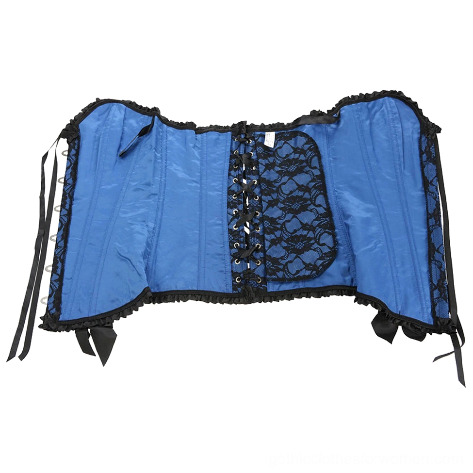 Gothic corset back panel and inner lining detail showing blue satin material, adjustable side straps, and lace-up back closure construction