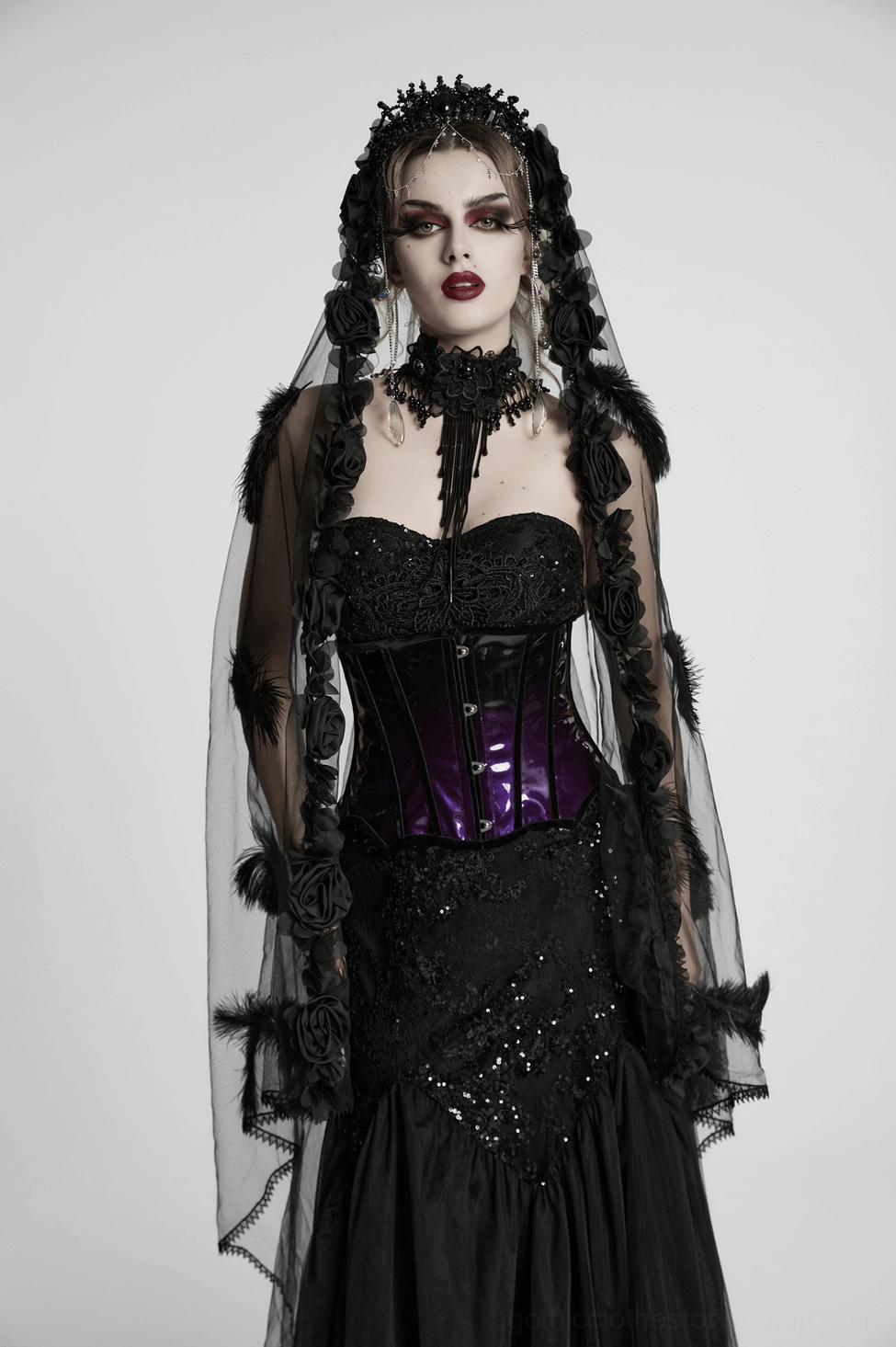 Underbust corset back lace-up tie system and satin ribbon bow detail on gothic purple-black gradient patent leather