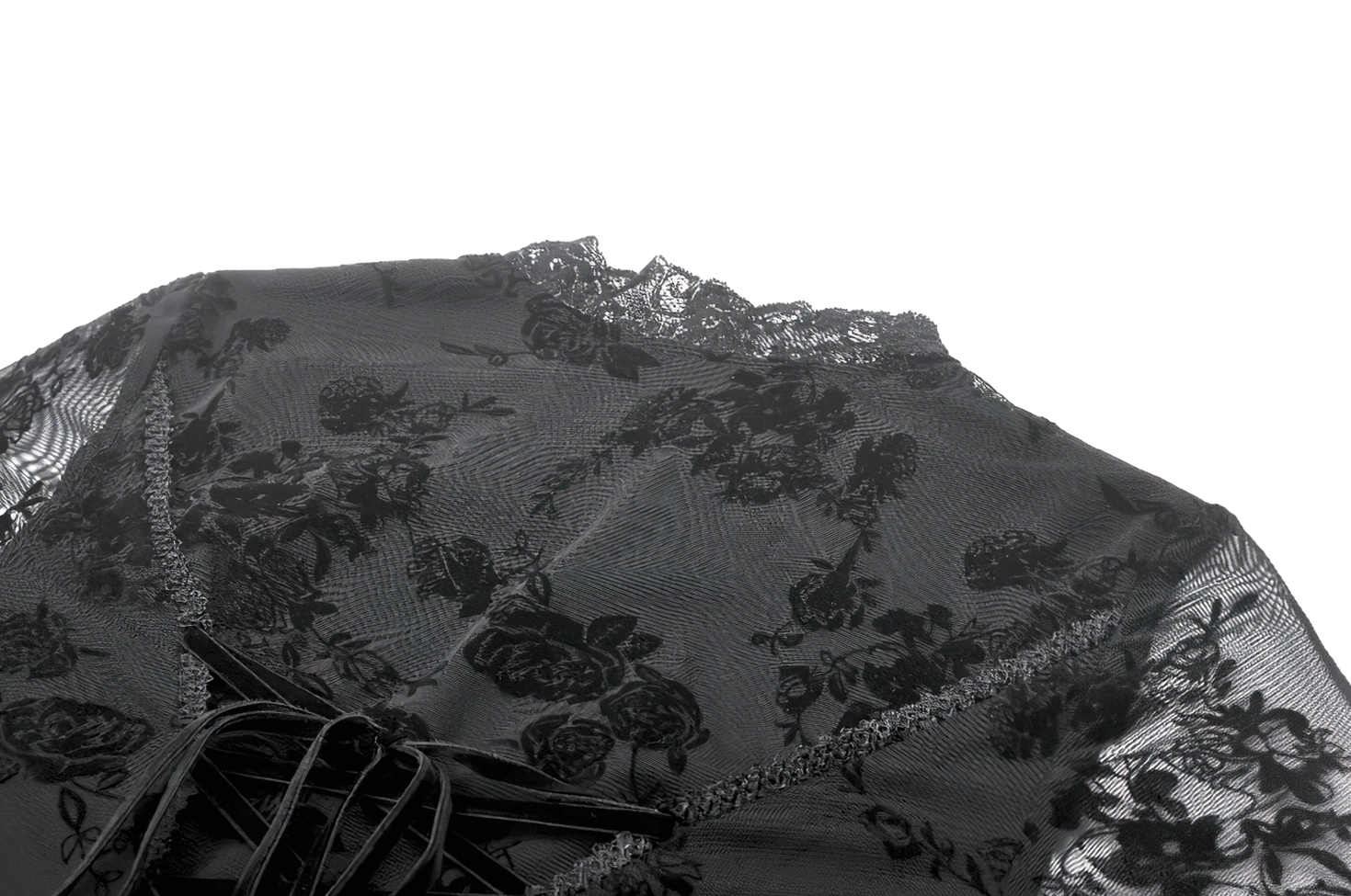 Close-up of black gothic dress back corset lace-up closure with velvet ribbon detail