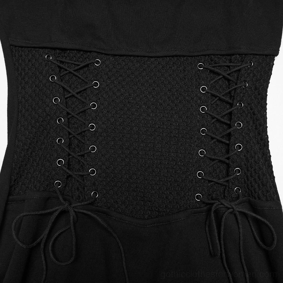 Close-up detail of corset lace-up waist panel featuring double lace-up ties and fishnet mesh insert